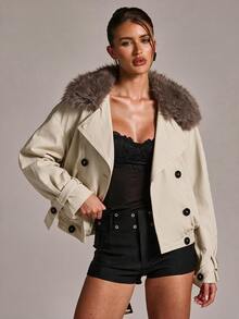 SHEIN BAE Ivory White Woven Cropped Jacket With Detachable Faux Fur Collar, Double Breasted Flap Pockets Elasticated Hem, Weekend Brunch Fall Winter Coat - White - View 3