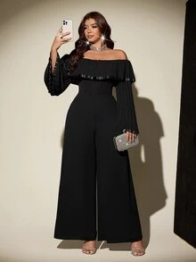 Viva Relle Plus Size Off-Shoulder Pleated Loose Jumpsuit - Black - View 1