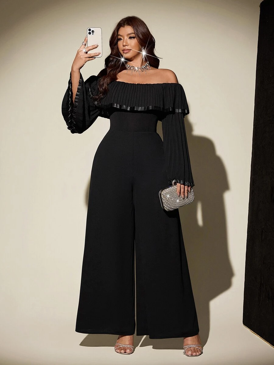 Viva Relle Plus Size Off-Shoulder Pleated Loose Jumpsuit - Black - View 1