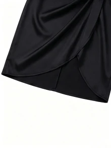 EMERY ROSE Plus Size Women's Fashion Elegant Sexy Gold Buckle Design Pleated Asymmetrical Hem Bodycon Skirt, All Season Fall - Black - View 6