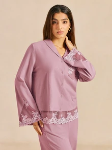 LUVLETTE Fall Soft Pink 100% Pure Cotton Luxurious Lace Trim Button-Up Top & Pants Loungewear Pajama Set For Pyjama Cotton Pajamas Graphic - Pink - View 13