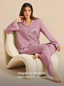 LUVLETTE Fall Soft Pink 100% Pure Cotton Luxurious Lace Trim Button-Up Top & Pants Loungewear Pajama Set For Pyjama Cotton Pajamas Graphic - Pink - View 11