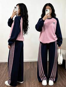 SHEIN Sparklyn Teen Girls Fall Outfits Fall Pink & Burgundy Colorblock Raglan Sleeve Crew Neck Sweatshirt And Side Stripe Wide Leg Sweatpants 2 Pieces Set - Multicolor - View 1