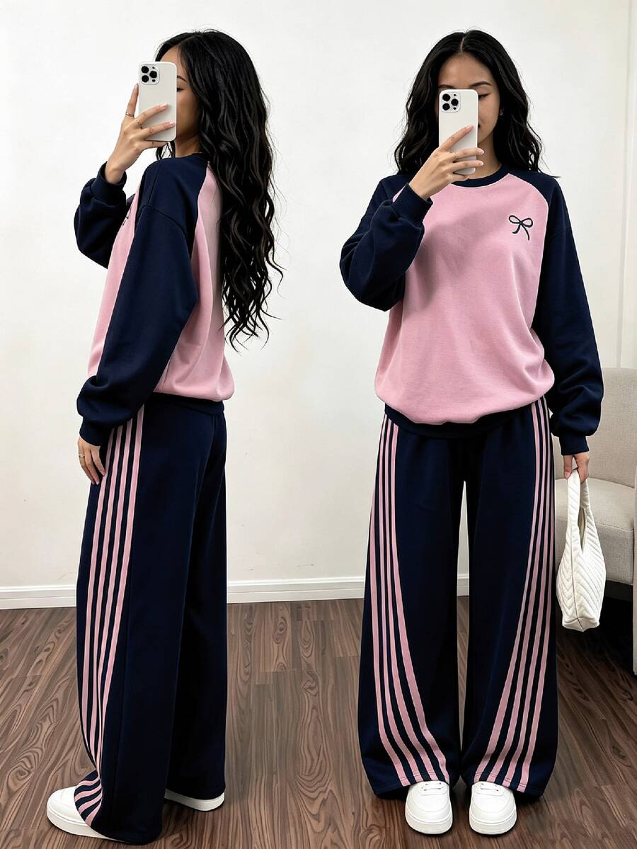 SHEIN Sparklyn Teen Girls Fall Outfits Fall Pink & Burgundy Colorblock Raglan Sleeve Crew Neck Sweatshirt And Side Stripe Wide Leg Sweatpants 2 Pieces Set - Multicolor - View 1