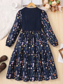 Teen Girls Fall Dresses Pastoral Style Navy Blue Patchwork Floral Long Sleeve Dress, Ribbed Waist, Puff Sleeves - Navy Blue - View 2