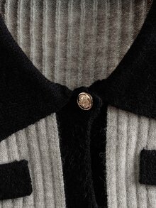 GlowEve CURVE Plus Size Women's Solid Color Knit Cardigan Sweater With Ruffle Trim, Metal Buttons, Faux Pockets, Minimalist Casual Style, Suitable For Autumn/Winter Daily Commute, Office, College, Back To School, Vacation - Multicolor - View 5