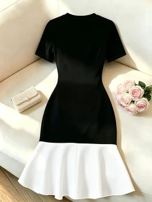 SHEIN Clasi Women's Summer Black And White Patchwork Design Minimalist Elegant Round Neck Short Sleeve Fitted Bodycon Fishtail Knee-Length Dress Dinner - Black and White - View 2