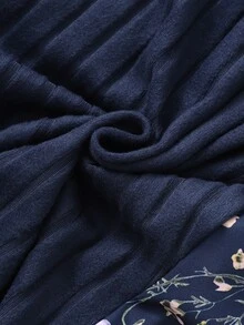 Teen Girls Fall Dresses Pastoral Style Navy Blue Patchwork Floral Long Sleeve Dress, Ribbed Waist, Puff Sleeves - Navy Blue - View 10