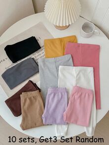 SHEIN 女童 3 件組 針織素色修身休閒內搭褲，舒適款，白色、粉色、黑色 - 彩色 - 查看 5