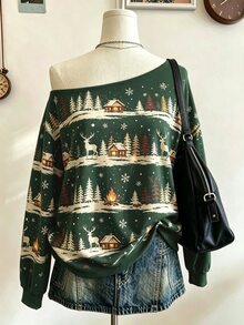 Lalippa Women's Vintage Christmas Pattern Printed Asymmetric Neck Sweatshirt - Multicolor - View 2
