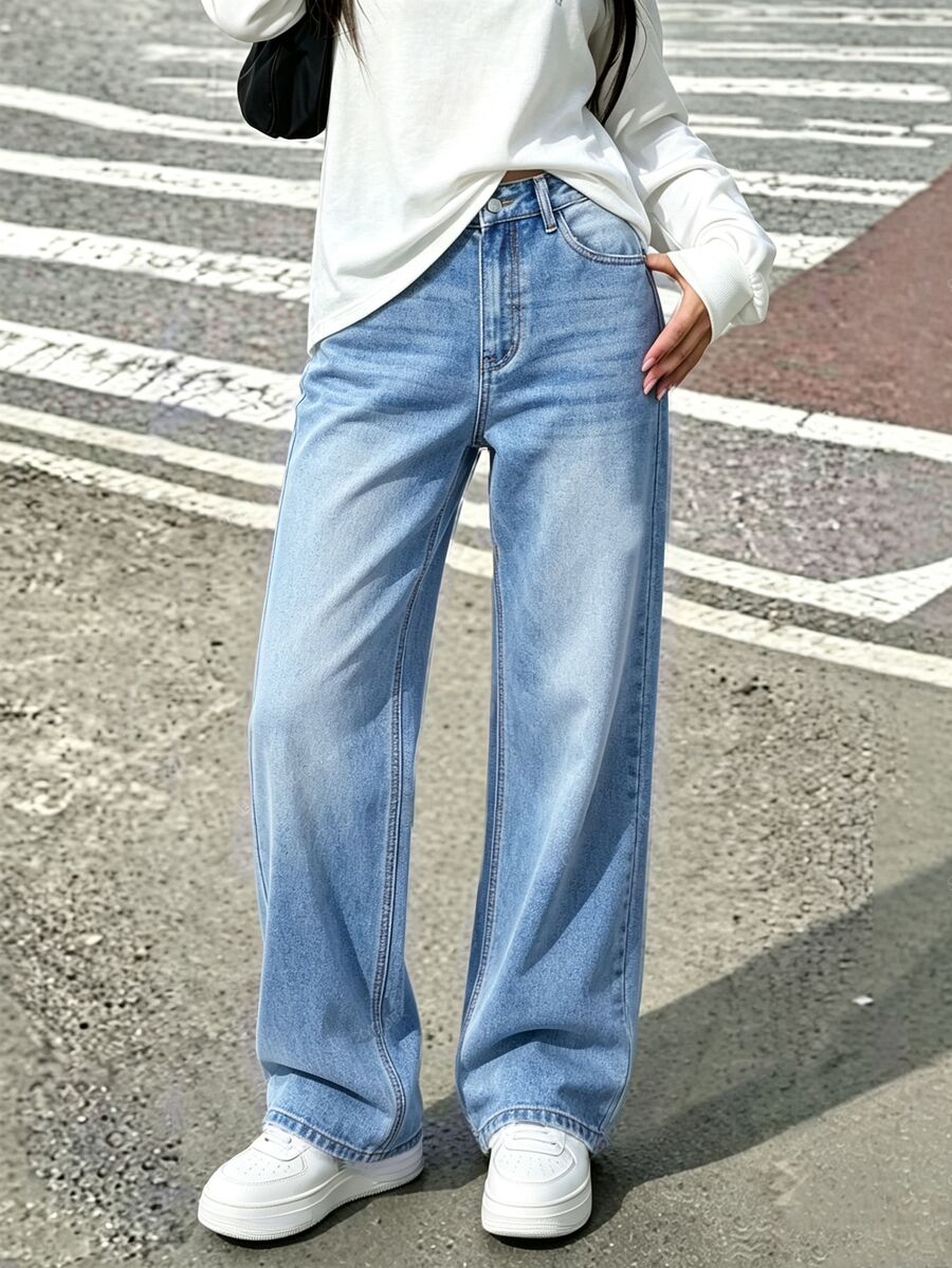SHEIN 青少年女孩復古波希米亞風都市淺色水洗彈性腰直筒牛仔褲,附平口袋,秋冬款 - 中等水洗藍 - 查看 1