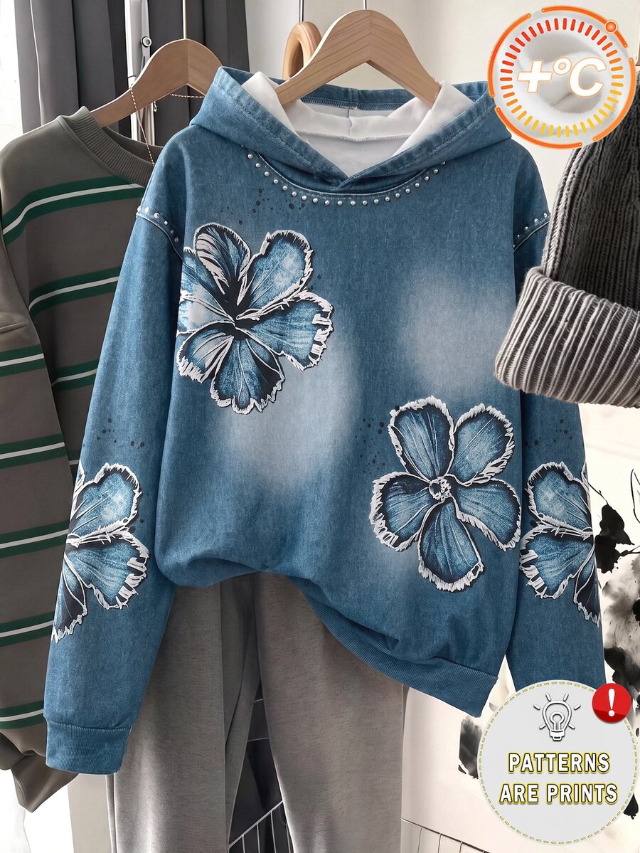 SHEIN 青少年女孩衛衣,藍色,寬鬆版型,秋冬,休閒街頭風,連帽,抓絨內裡,拉鍊,六年級學校 - 藍色 - 查看 1