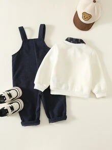 SHEIN 2件組男嬰秋冬休閒卡通熊拼接翻領長袖套頭運動衫與吊帶長褲套裝，可愛小熊套裝，嬰幼兒套裝 - 彩色 - 查看 2