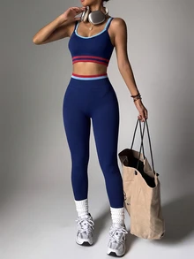 SHEIN Dewbera Women's Colorblock 2 In 1 Camisole Top And High-Waisted Leggings Casual Daily Sports Set - Navy Blue - View 6