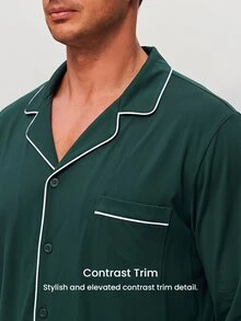 LUVLETTE Plus Size Fall Soft 100% Pure Cotton Sky Blue Basic Long Sleeve Button-Up Top & Pants Pajama Sets For Men Lounge With Pockets Pajamas Graphic - Dark Green - View 4