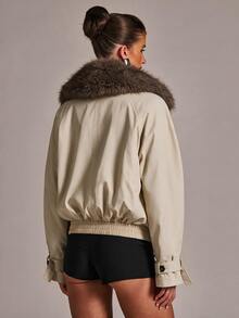 SHEIN BAE Ivory White Woven Cropped Jacket With Detachable Faux Fur Collar, Double Breasted Flap Pockets Elasticated Hem, Weekend Brunch Fall Winter Coat - White - View 2