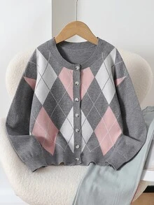 Girls 8-12 Grey Base Pink & White Argyle Jacquard Knit Cardigan, Ribbed Trim Placket Single-Breasted Button Design, Loose Drop Shoulder Fit, Student Daily Layering Knit Sweater Cardigan - Grey - View 1