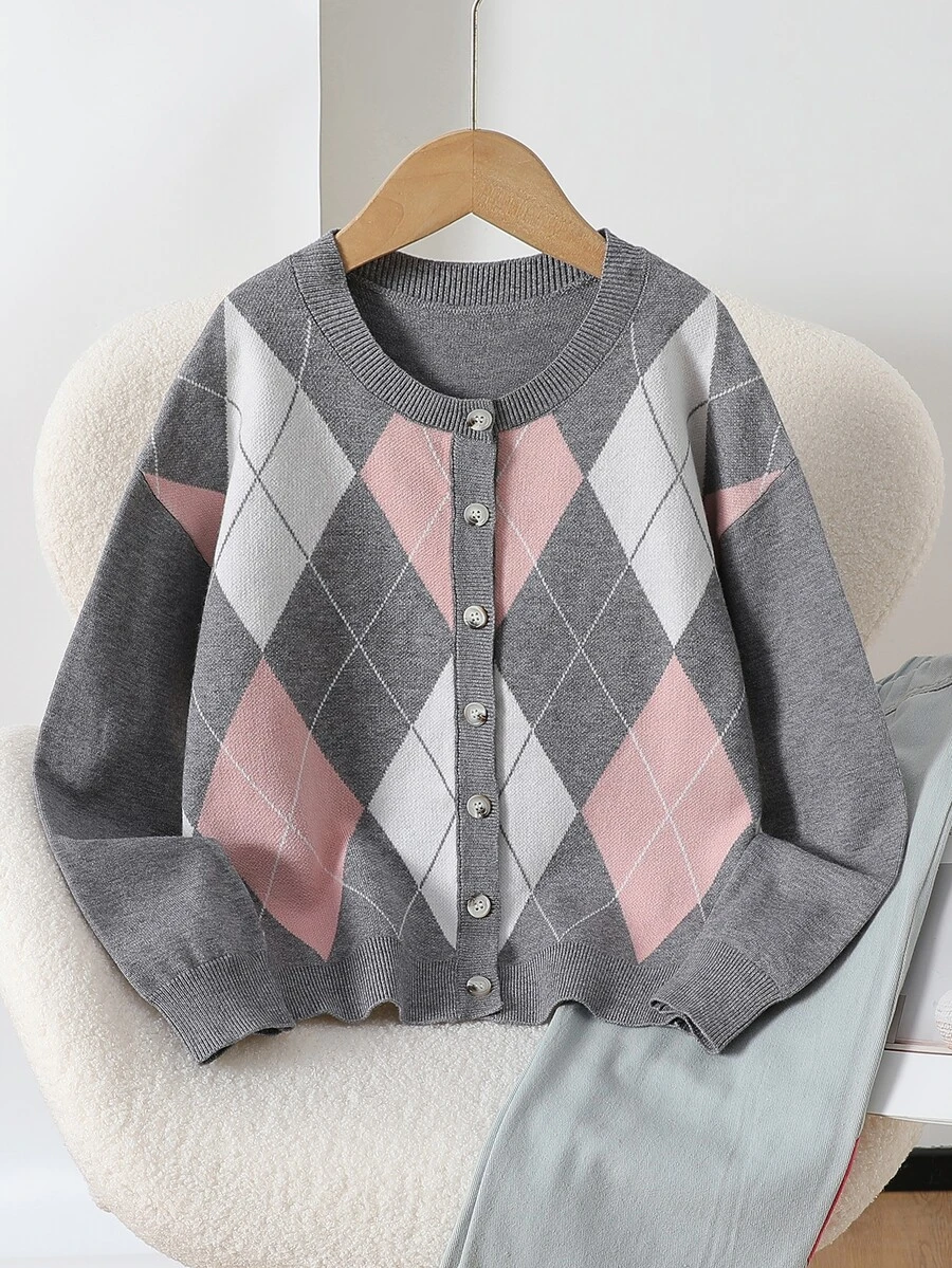 Girls 8-12 Grey Base Pink & White Argyle Jacquard Knit Cardigan, Ribbed Trim Placket Single-Breasted Button Design, Loose Drop Shoulder Fit, Student Daily Layering Knit Sweater Cardigan - Grey - View 1
