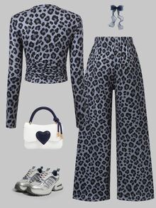 SHEIN 2pcs Tween Girls Leopard Print Set, Casual Style, Spring/Autumn Outfit. Long Sleeve Ruched Top Paired With Elastic Waist Wide Leg Pants, Full Leopard Print Digital Pattern, Elastic Fabric Soft And Body-Hugging, Flattering Fit For Daily Wear And Outings. - Multicolor - View 2