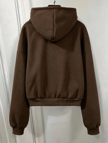 SHEIN 青少年女孩秋季棕色拉鍊前開式落肩長袖寬鬆休閒可愛連帽衛衣外套 抓絨內裡 基本款 感恩節 - 棕色 - 查看 3