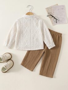 SHEIN 中性嬰兒男/女嬰 2件組秋冬休閒復古長袖上衣與長褲套裝，男嬰套裝，男嬰服飾，Squishy - 彩色 - 查看 2