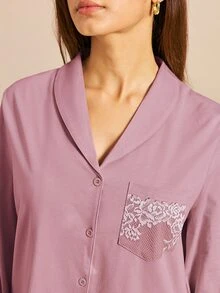 LUVLETTE Fall Soft Pink 100% Pure Cotton Luxurious Lace Trim Button-Up Top & Pants Loungewear Pajama Set For Pyjama Cotton Pajamas Graphic - Pink - View 5