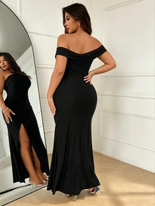 Femmeverse Women Plus Size Elegant Sexy Off-Shoulder Square Neck Slit High-End Evening Dress Party Cocktail Black Summer - Black - View 2