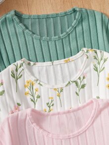 SHEIN 青少年女孩 T-shirt 套裝，3 件組，短袖上衣 + 長褲 2 件套裝，寬鬆版型，日常穿著，時尚百搭，休閒，領口，圓領，印花，拉鍊，舒適，秋季，可愛 - 彩色 - 查看 3