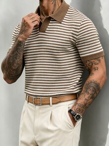 JOLTRO 男士時尚條紋拼色短袖 Polo 衫 - 棕色 - 查看 3