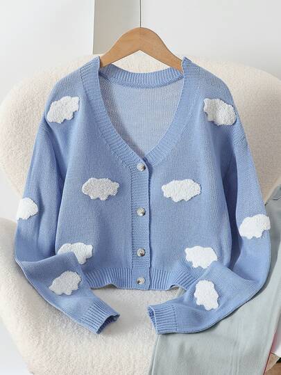 SHEIN Cardigan Rajut Bergaris Leher V Warna Biru Muda Ukuran Anak Perempuan 8-13 Tahun dengan Bordir Handuk 3D Awan Putih, Kancing Tunggal, Bahu Jatuh, Sweater Rajut Pendek Longgar, Pakaian Luar untuk Pelajar Musim Semi/Gugur