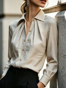 SHEIN ملابس علوية طويل الأكمام بياقة وأزرار أمامية مطوية بأسلوب فرنسي للخريف المبكر، ملابس علوية كاجوال بأكمام طويلة وفتحة مطوية بصف واحد من الأزرار - كاكي - مشاهدة 4