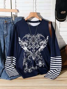 Sparklyn 1件青少年音樂節街頭風基礎哥德龐克條紋拼接 2合1 哥德印花圓領寬鬆長袖T恤 - 彩色 - 查看 4