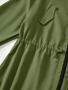 Tween女孩粉色收腰連帽字母裝飾運動休閒可調腰口袋夾克，秋季服飾，秋季，返校，學校，校服 - 墨綠色 - 查看 3