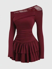 SHEIN Unity Women's Lace Patchwork Oblique Shoulder Elegant Sexy Wear Cinched Waist A-Line Mini Dressautumn Party Going Out Cocktail Burgundy - Burgundy - View 4