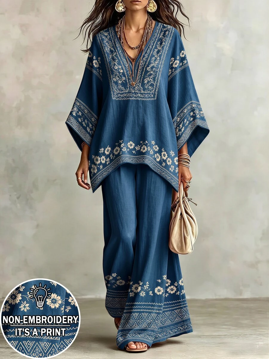 Glimmora 波希米亞度假風藍白花卉印花女款兩件套,夏季復古V領蝙蝠袖上衣搭配寬鬆寬腿褲套裝 - 彩色 - 查看 1