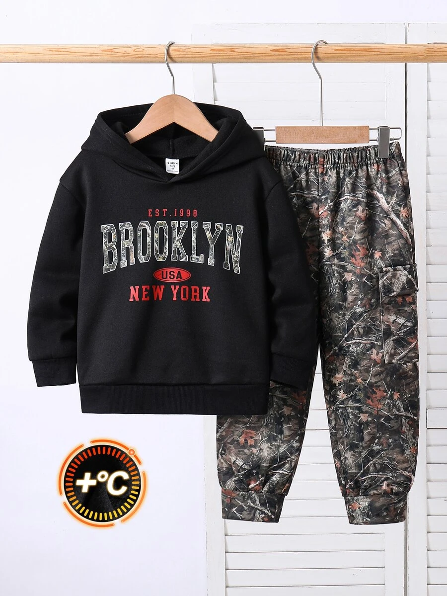 SHEIN Setelan 2 Potong untuk Anak Laki-Laki: Sweater Pullover Lengan Panjang Leher Bulat Lembut dengan Motif Huruf dan Celana Panjang Pinggang Elastis - MultiWarna - View 1