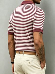 JOLTRO 男士條紋短袖休閒通勤 Polo 衫 - 玫紅色 - 查看 2