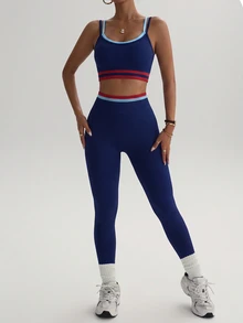 SHEIN Dewbera Women's Colorblock 2 In 1 Camisole Top And High-Waisted Leggings Casual Daily Sports Set - Navy Blue - View 3