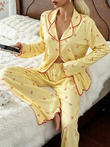 CottageSlumber Sweet Striped Ins Korean Style Bow Print Pajamas Women Long Sleeve Long Pants Loungewear - Yellow - View 3