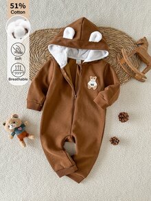 SHEIN Baby Boy Cartoon Bear Patch Zipper Front Hooded Romper - Brown - View 5