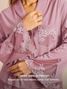 LUVLETTE Fall Soft Pink 100% Pure Cotton Luxurious Lace Trim Button-Up Top & Pants Loungewear Pajama Set For Pyjama Cotton Pajamas Graphic - Pink - View 2