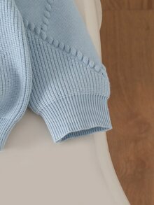 SHEIN 6個月-3歲女嬰鑽石格紋波浪3D蝴蝶結裝飾針織上衣寬腿褲2件套，圓領針織上衣直筒褲嬰幼兒秋冬套裝 - 藍色 - 查看 5