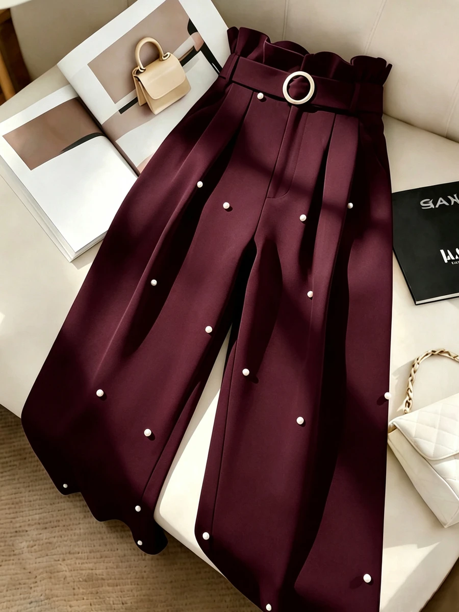 GlowEve CURVE Women's Plus Size Casual Versatile Long Pants With Ruffle Detail, Spring/Summer New High Waist Slim Straight Leg Black Pants With Pearl Embellishment - Maroon - View 1