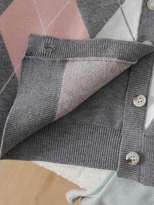 Girls 8-12 Grey Base Pink & White Argyle Jacquard Knit Cardigan, Ribbed Trim Placket Single-Breasted Button Design, Loose Drop Shoulder Fit, Student Daily Layering Knit Sweater Cardigan - Grey - View 6