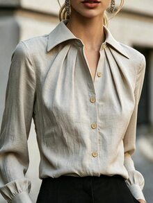 SHEIN ملابس علوية طويل الأكمام بياقة وأزرار أمامية مطوية بأسلوب فرنسي للخريف المبكر، ملابس علوية كاجوال بأكمام طويلة وفتحة مطوية بصف واحد من الأزرار - كاكي - مشاهدة 3