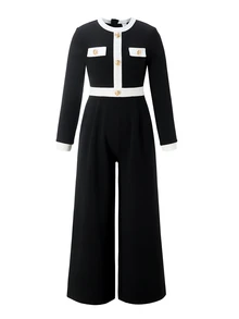 Tween Girl Fall Clothes Autumn/Winter Elegant Button Decor Round Neck Long Sleeve Cinched Waist Jumpsuit For Daily Wear, Outings, Parties And Banquets - Black - View 4