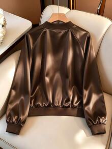 SHEIN LUNE Apricot Satin Baseball Jacket, Solid Color Without Print, Ribbed Baseball Collar, Long Sleeve With Ribbed Cuffs, Ribbed Elastic Waistband, Light Luxury Casual Style, Minimalist Commute Style, Suitable For Daily Commute, Casual Shopping, Short Trips, Inner Wear And Outer Wear - Brown - View 2