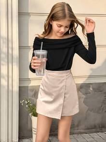 2pcs/Set Girls Big Kids Spring/Autumn New Casual Knit Minimalist Solid Color Fitted Long Sleeve Shoulder Top And Woven 2 In 1 Skort, Fall Outfits - Black - View 3
