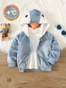 SHEIN Baby Boy Autumn/Winter Penguin Design Colorblock Thermal Lined Thick Hooded Jacket, Plush Jacket, Penguin Jacket, Blue Jacket, Infant Jacket - Multicolor - View 3