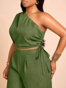 Brilight Elegant Spring/Summer Women's Commute And Casual Wear: Two Pieces Set Of Adjustable Pleated Off-Shoulder Top And Capri Pants. Suitable For Vacation. - Green - View 7